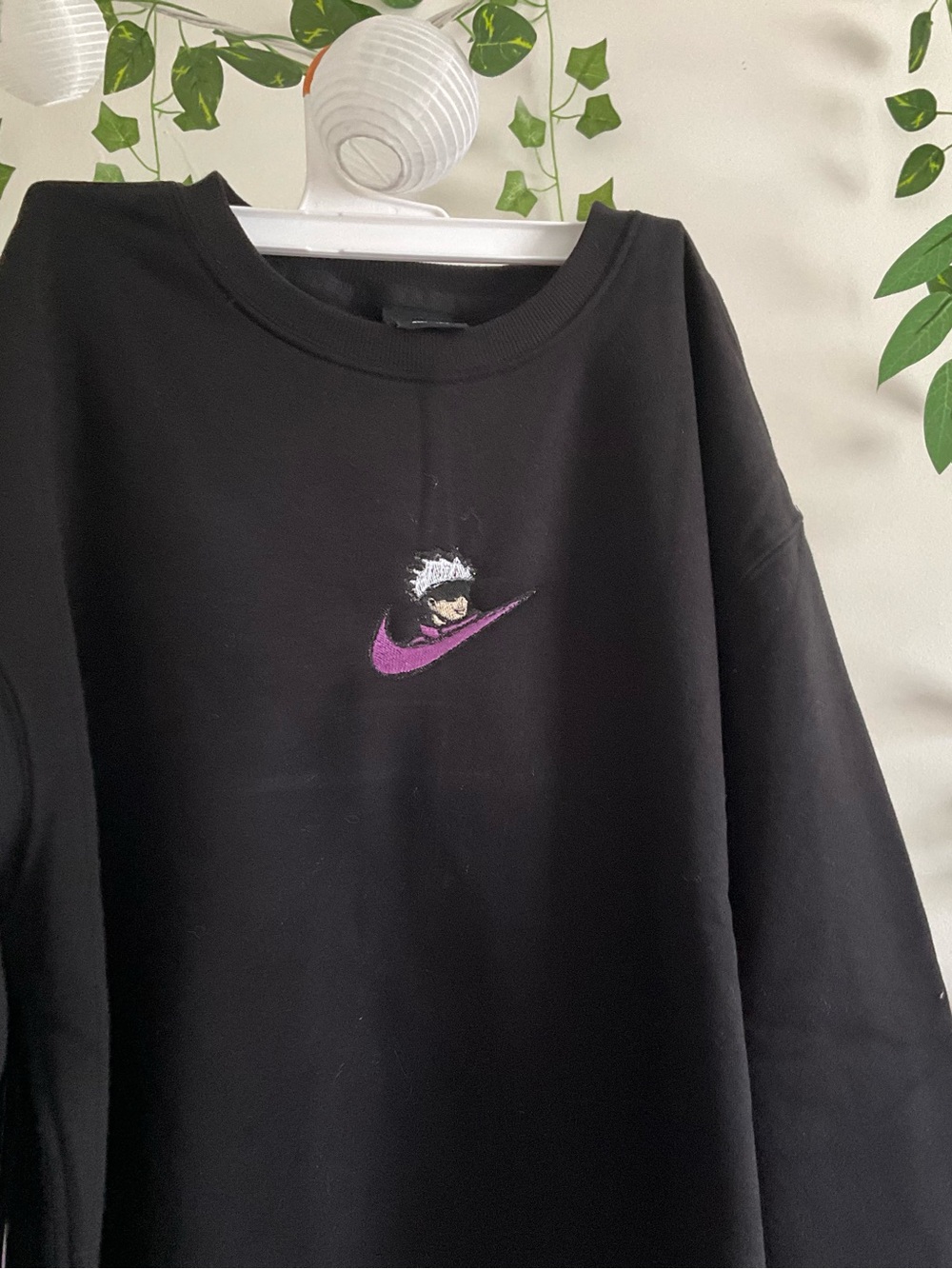 Nike Black Crewneck with Purple Swoosh and Embroidered Character